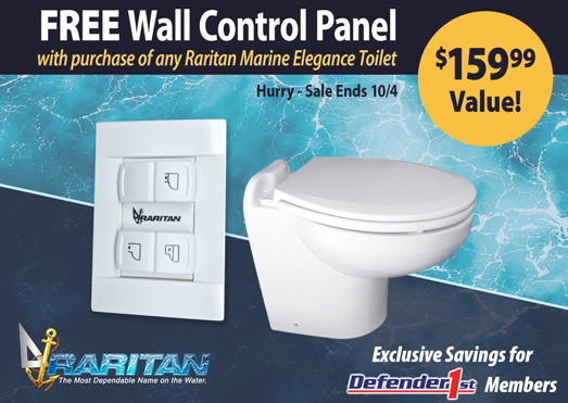 Defender 1st Members Get a FREE Wall Control Panel with Purchase of any Raritan Marine Elegance Toilet, Sale Ends 10-4-22