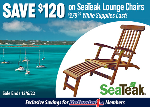 Defender 1st Members Save $120 on SeaTeak Lounge Chairs, $279.99 While Supplies Last! Sale Ends 12/6/22.