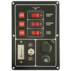 Whitecap 3-Circuit Switch Panel w/ Fuse Holders, Battery Meter and Outlet