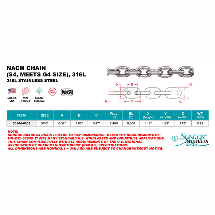 Suncor Stainless NACM Chain (S4, meets G4 size) - 5/16