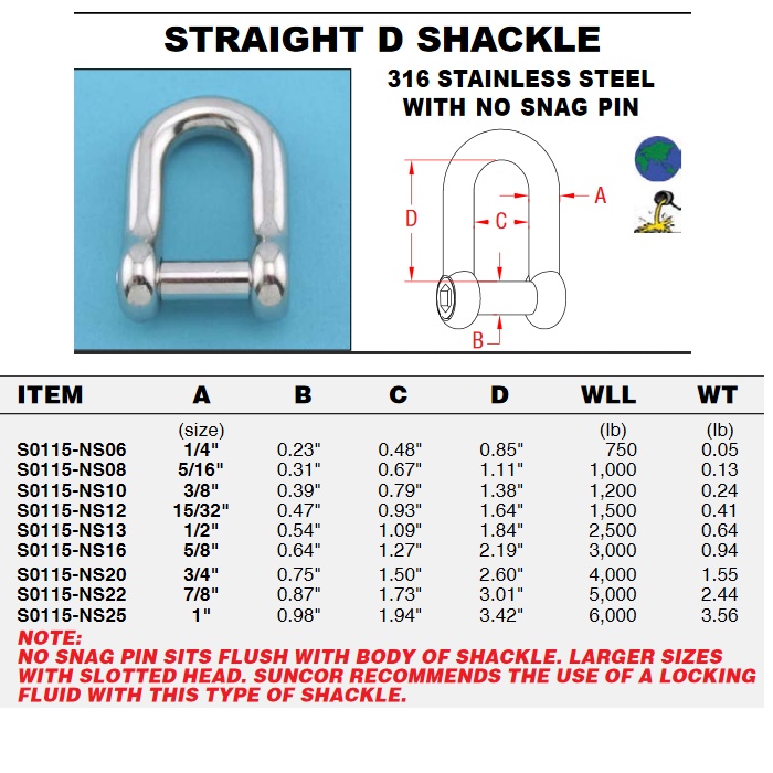 Suncor Straight Shackle with No Snag Pin - 5/16