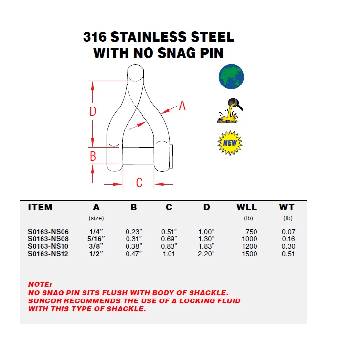 Suncor Twist Shackle with No-Snag Pin - 3/8